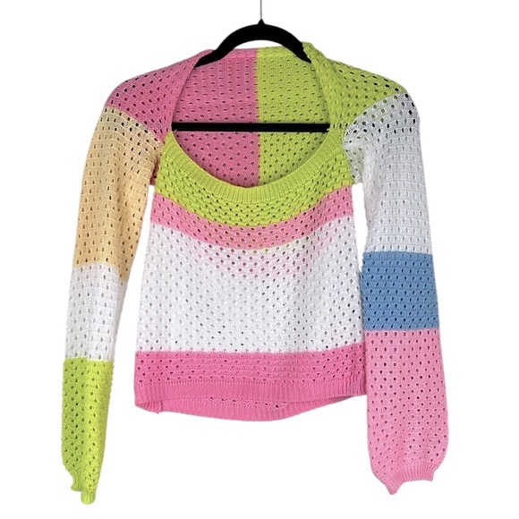 Green Pink White Blue Knit 80's 90's Y2K Long Sleeve Striped Sweater Size Medium - Picture 1 of 4